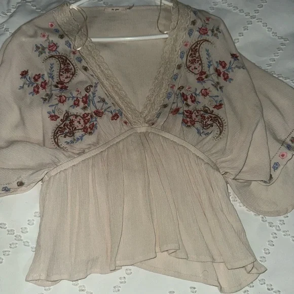 White Embellished Peplum Blouse with Bib Collar - Picture 2 of 4